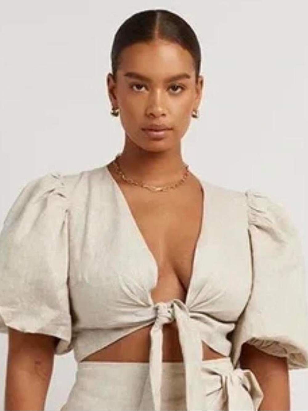 Dissh linen puffy sleeve cropped top with a tie